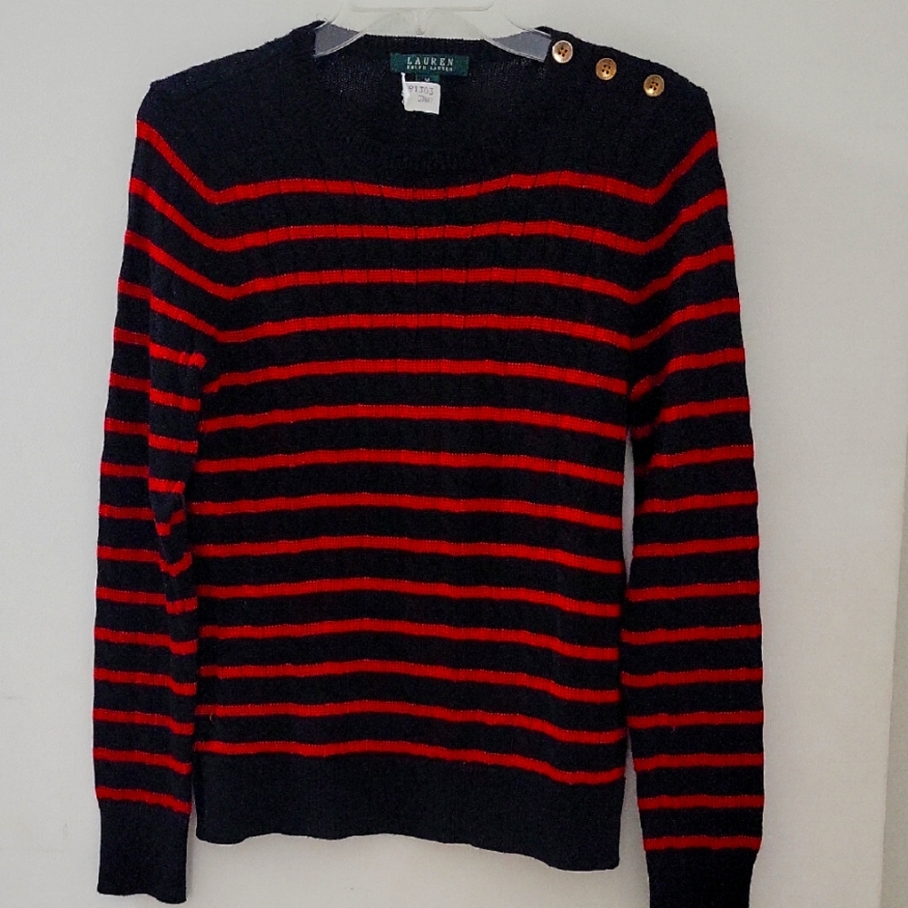 Ralph Lauren Cable Knit Sweater Red/Black Cotton Blend Crew Neck Sz M